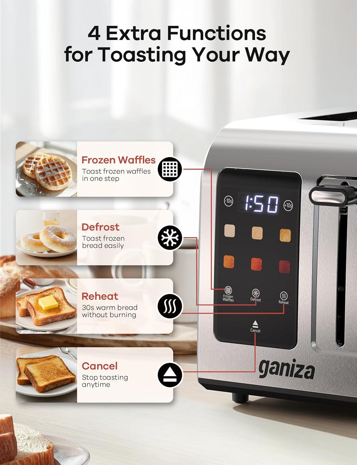 image:imageGaniza Smart Toaster 2 Slice with Touchscreen Digital Countdown Timer Touch Screen Toaster Wide Slot Full Stainless Steel Defrost Reheat Cancel 10s FineTune Removable Crumb Tray Max 925WStainless Steel