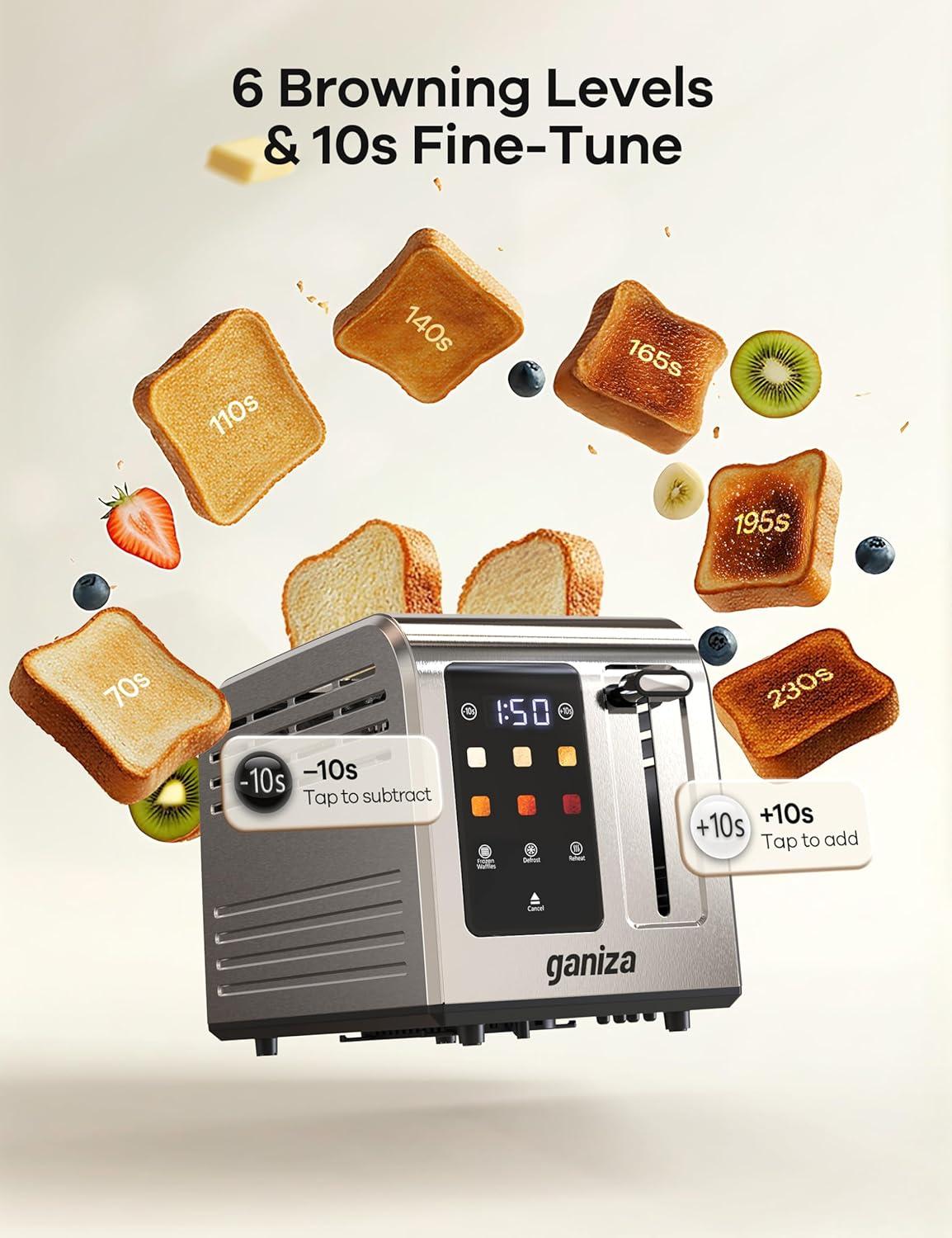 image:imageGaniza Smart Toaster 2 Slice with Touchscreen Digital Countdown Timer Touch Screen Toaster Wide Slot Full Stainless Steel Defrost Reheat Cancel 10s FineTune Removable Crumb Tray Max 925WStainless Steel