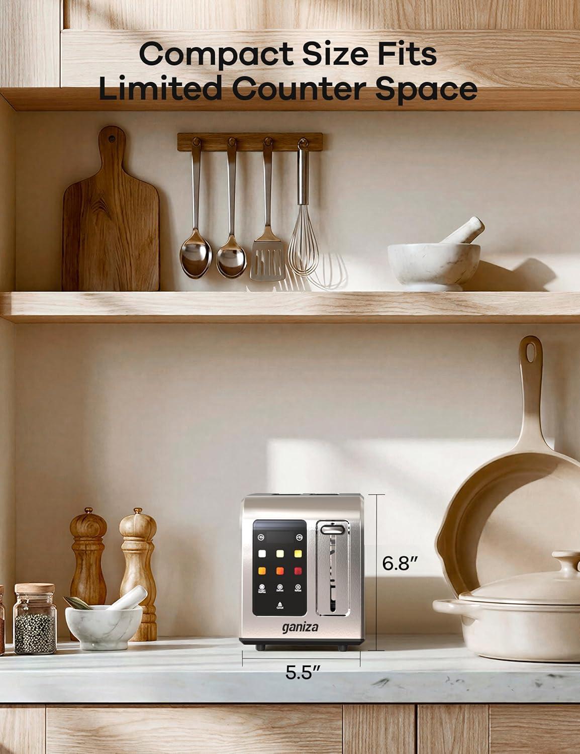image:imageGaniza Smart Toaster 2 Slice with Touchscreen Digital Countdown Timer Touch Screen Toaster Wide Slot Full Stainless Steel Defrost Reheat Cancel 10s FineTune Removable Crumb Tray Max 925WStainless Steel