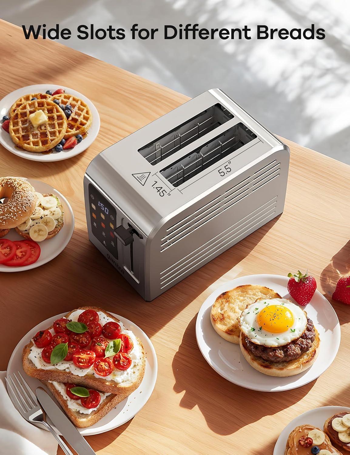 image:imageGaniza Smart Toaster 2 Slice with Touchscreen Digital Countdown Timer Touch Screen Toaster Wide Slot Full Stainless Steel Defrost Reheat Cancel 10s FineTune Removable Crumb Tray Max 925WStainless Steel