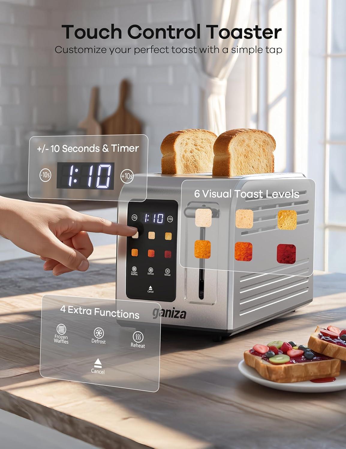 image:imageGaniza Smart Toaster 2 Slice with Touchscreen Digital Countdown Timer Touch Screen Toaster Wide Slot Full Stainless Steel Defrost Reheat Cancel 10s FineTune Removable Crumb Tray Max 925WStainless Steel