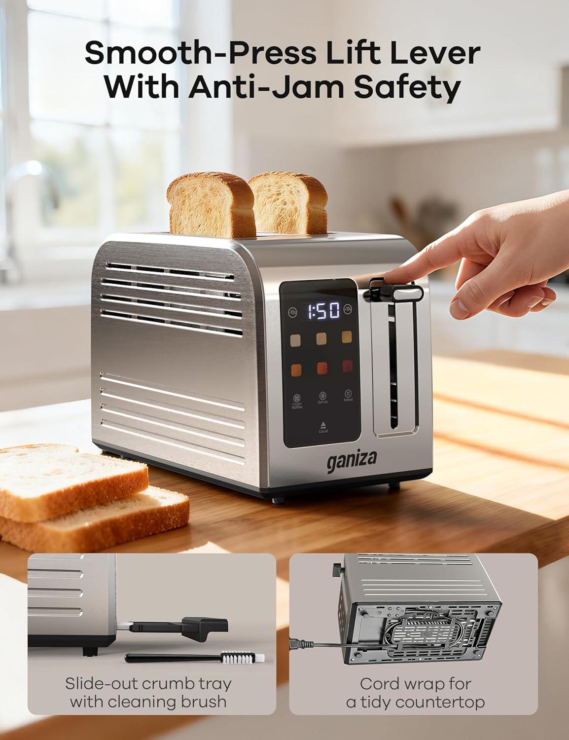 image:imageGaniza Smart Toaster 2 Slice with Touchscreen Digital Countdown Timer Touch Screen Toaster Wide Slot Full Stainless Steel Defrost Reheat Cancel 10s FineTune Removable Crumb Tray Max 925WStainless Steel