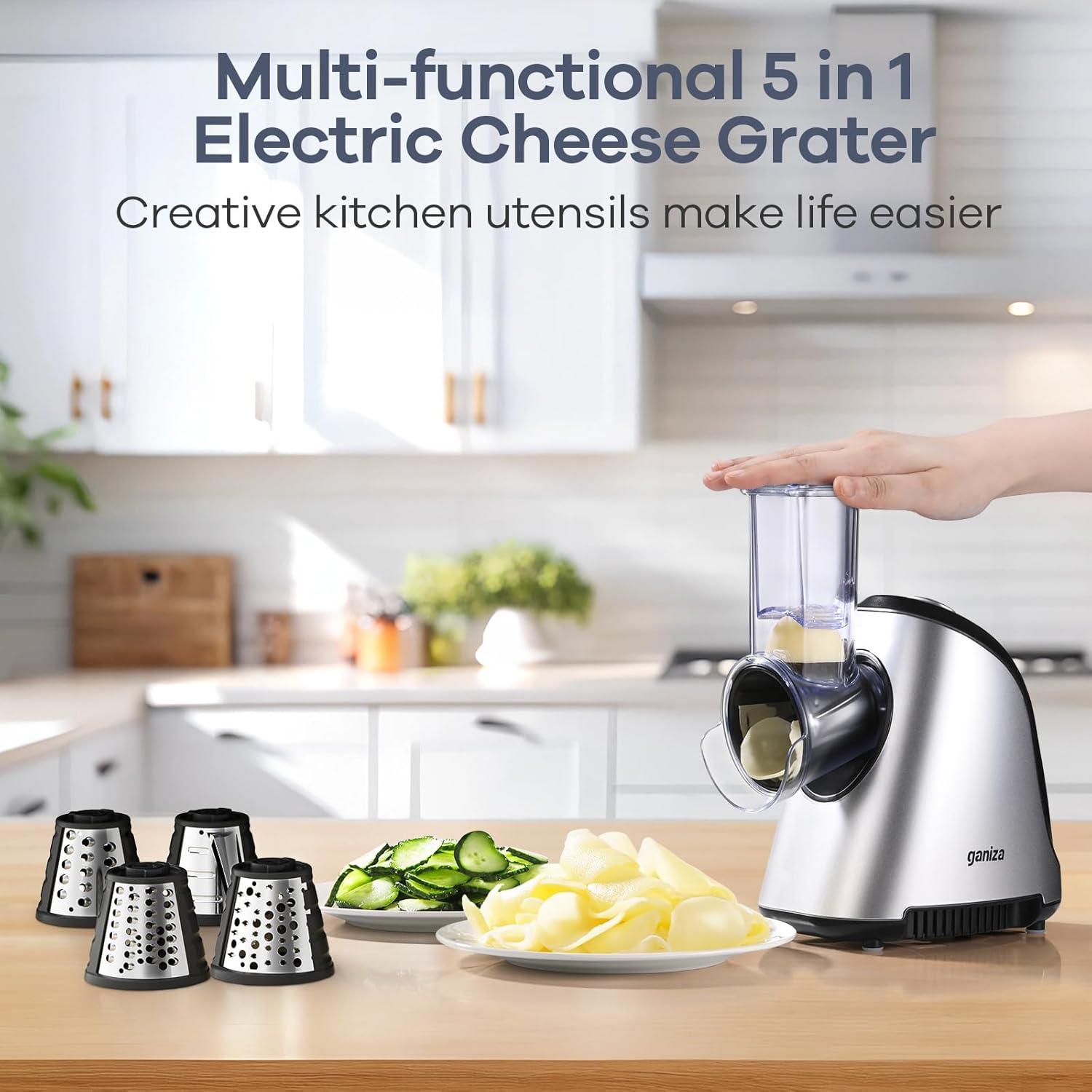 image:imageGaniza 5in1 Electric Cheese Grater for Kitchen Max 250W Cheese Shredder 5 Changeable Blades Salad Shooter Slicer Electric for CheeseVeggiesSalad with an Extra Zester grater