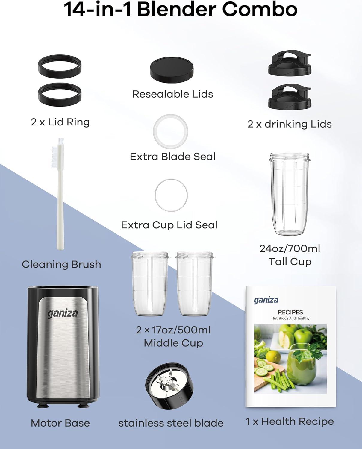 image:imageGaniza Blender for Smoothies 14Pcs Personal Blender for Shake and Smoothies for Kitchen with 3 Portable Cups 1x24oz amp 2X17oz Single Serve Smoothie Maker Nutritious RecipeBlack Silver