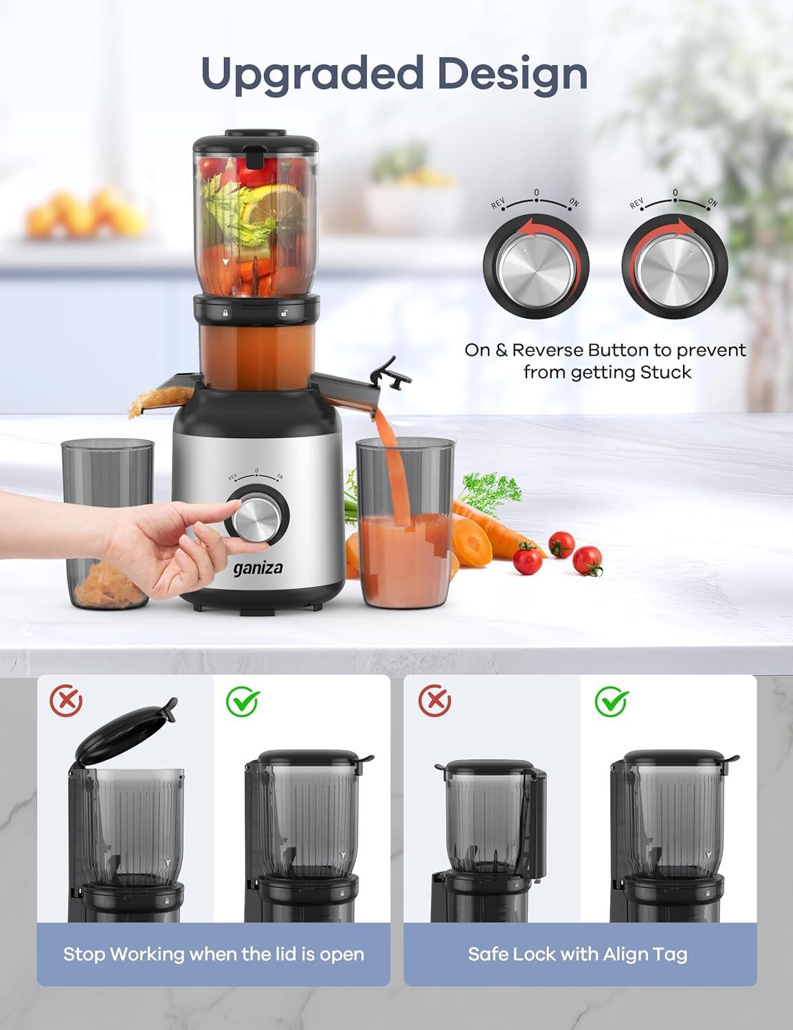 image:imageGaniza Juicer Machines Slow Masticating Juicers with Large Feed Chute for Whole Fruits amp Vegetables Cold Press Juicer with 3 Replace Filters for Batch Juicing Easy to Clean BPA FreeSilver