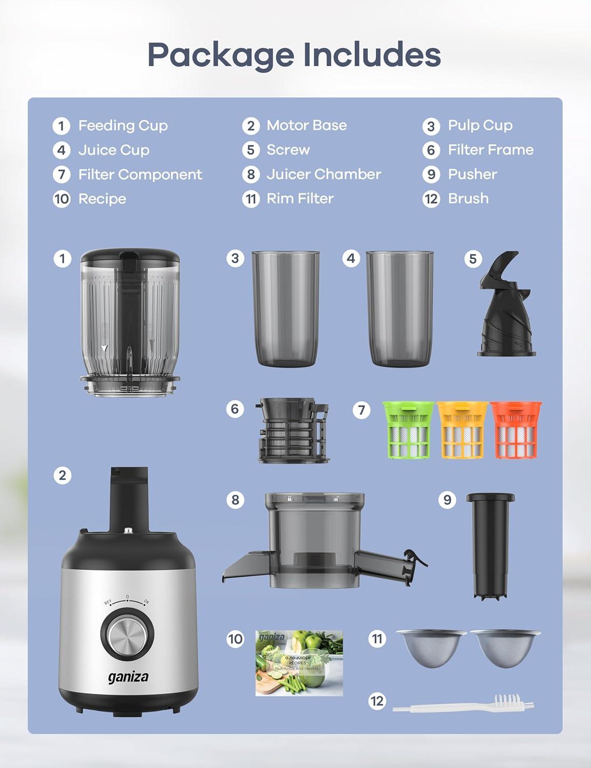 image:imageGaniza Juicer Machines Slow Masticating Juicers with Large Feed Chute for Whole Fruits amp Vegetables Cold Press Juicer with 3 Replace Filters for Batch Juicing Easy to Clean BPA FreeSilver