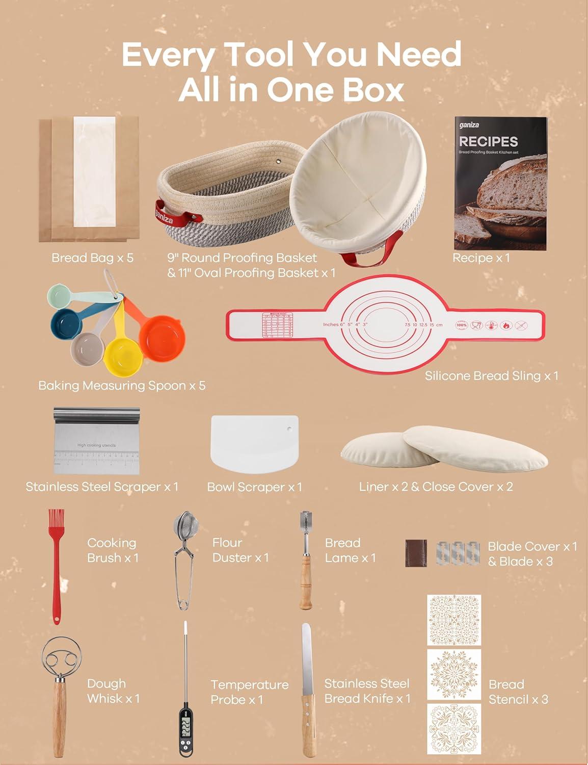 image:imageGaniza Sourdough Starter Kit Cotton Rope Sourdough Bread Baking Supplies 9 Round amp 10 Oval Banneton Basket with Liners amp Covers Sourdough Proofing Basket Kit Gifts for Bakers Women Wife MomGrey White