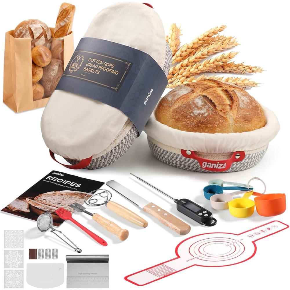 image:imageGaniza Sourdough Starter Kit Cotton Rope Sourdough Bread Baking Supplies 9 Round amp 10 Oval Banneton Basket with Liners amp Covers Sourdough Proofing Basket Kit Gifts for Bakers Women Wife MomGrey White
