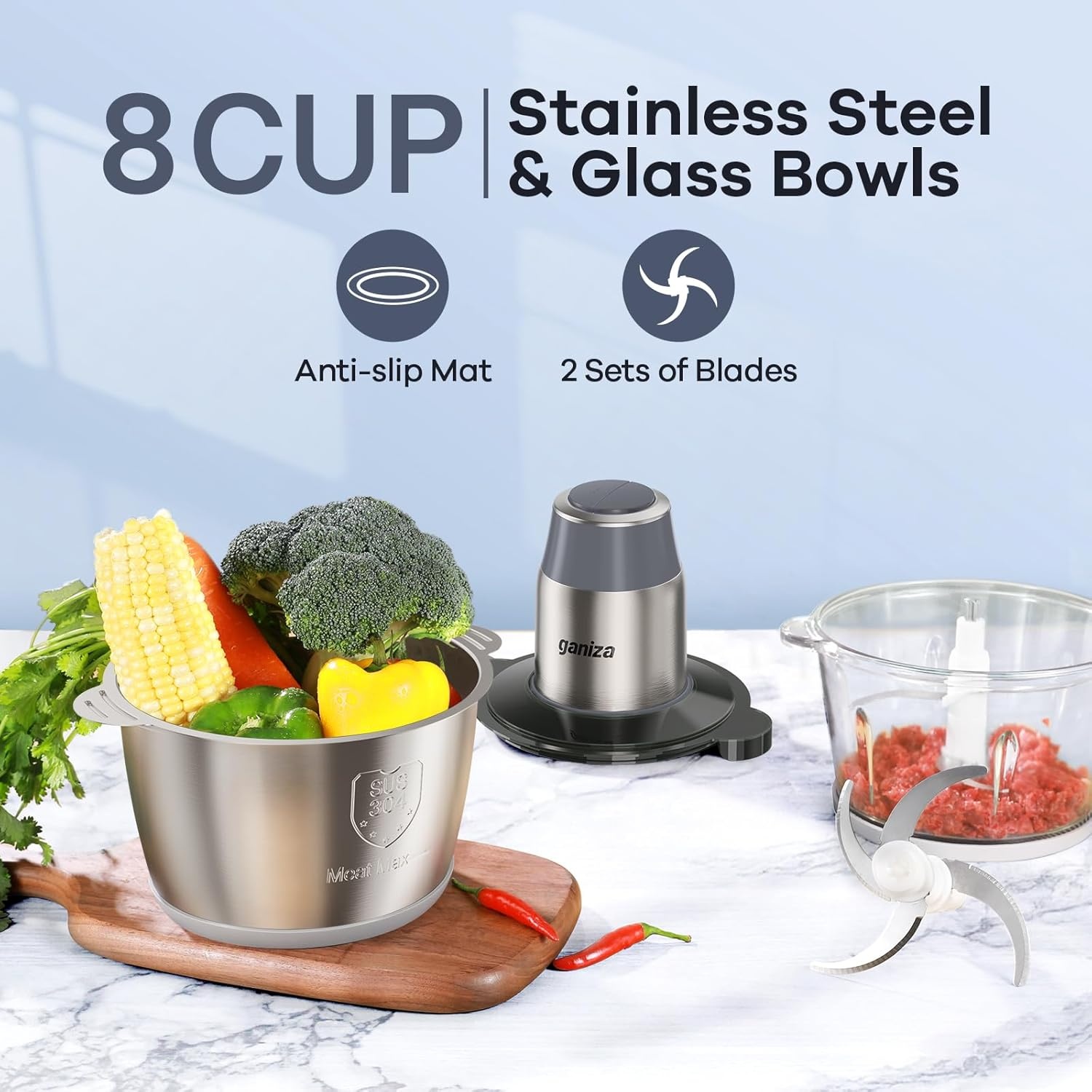 image:imageGANIZA Food Processors Electric Food Chopper with Meat Grinder amp Vegetable Chopper 2 Bowls 8 Cup8 Cup with Powerful 450W Copper Motor Includes 2 Sets of BiLevel Blades for FruitsMeatNutsGrey