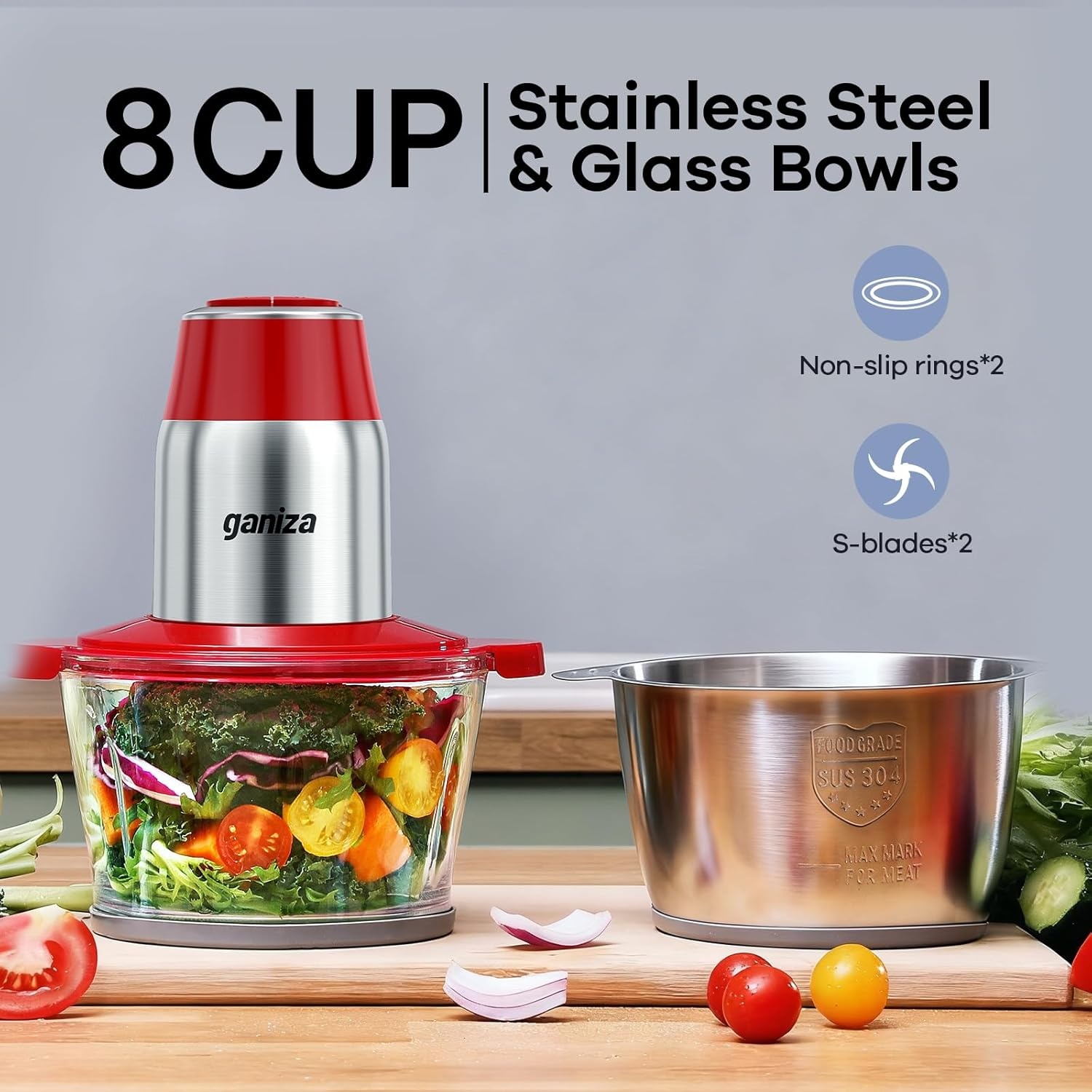image:imageGANIZA Food Processors Electric Food Chopper with Meat Grinder amp Vegetable Chopper 2 Bowls 8 Cup8 Cup with Powerful 450W Copper Motor Includes 2 Sets of BiLevel Blades for FruitsMeatNutsRed