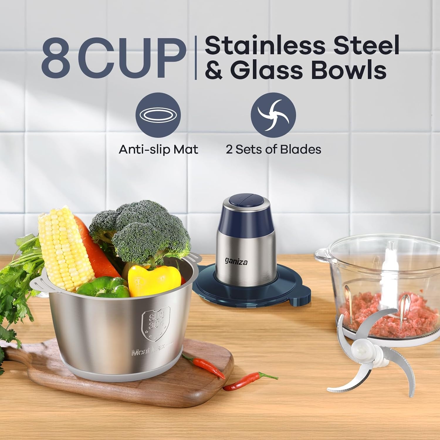 image:imageGANIZA Food Processors Electric Food Chopper with Meat Grinder amp Vegetable Chopper 2 Bowls 8 Cup8 Cup with Powerful 450W Copper Motor Includes 2 Sets of BiLevel Blades for FruitsMeatNutsBlue