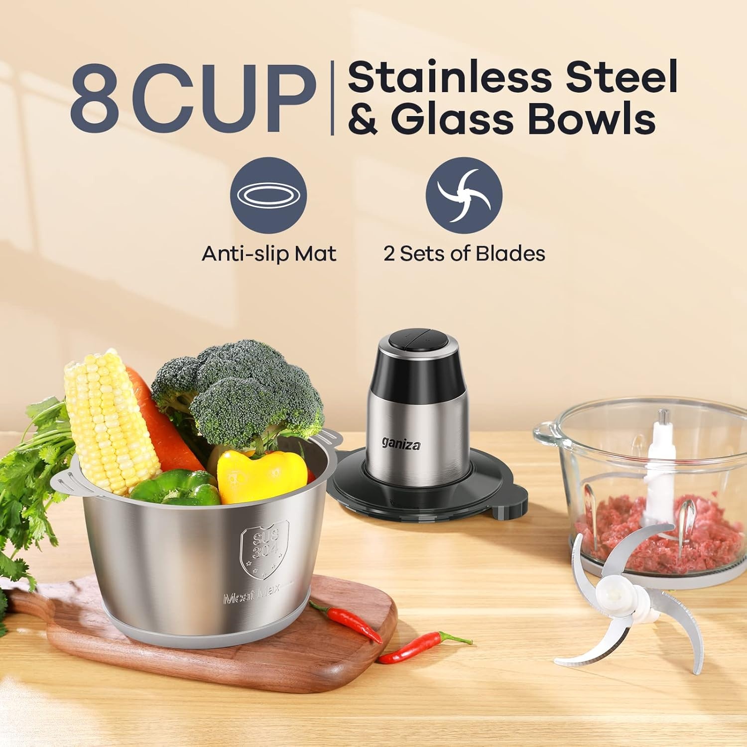 image:imageGANIZA Food Processors Electric Food Chopper with Meat Grinder amp Vegetable Chopper 2 Bowls 8 Cup8 Cup with Powerful 450W Copper Motor Includes 2 Sets of BiLevel Blades for FruitsMeatNutsSilver