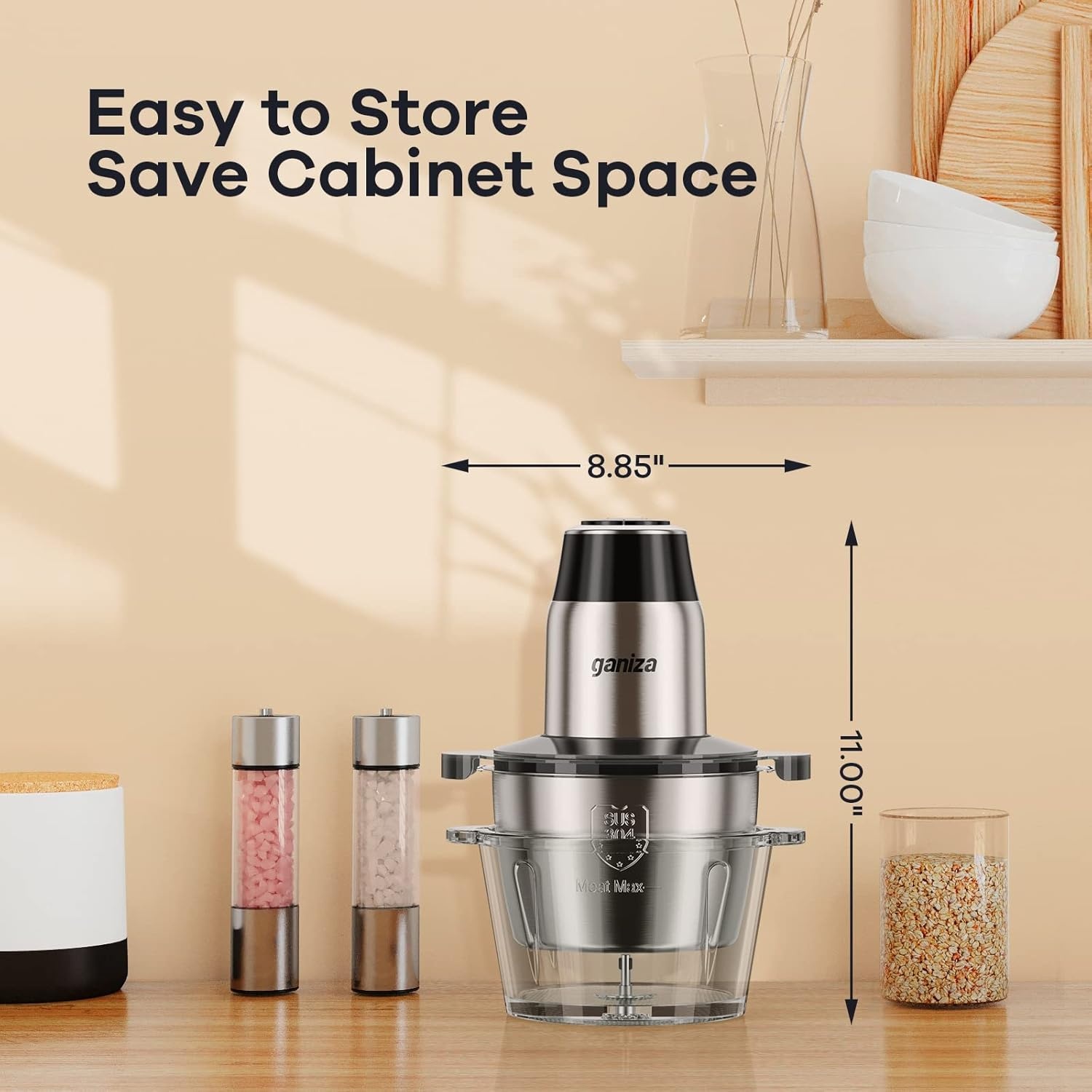 image:imageGANIZA Food Processors Electric Food Chopper with Meat Grinder amp Vegetable Chopper 2 Bowls 8 Cup8 Cup with Powerful 450W Copper Motor Includes 2 Sets of BiLevel Blades for FruitsMeatNutsSilver