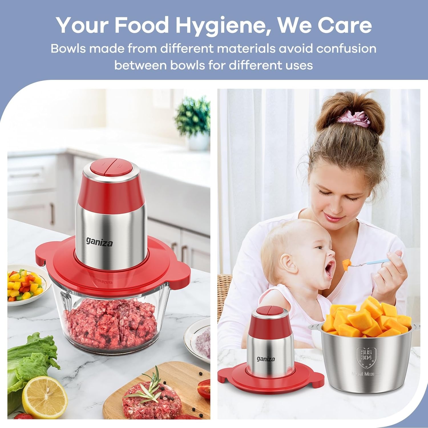 image:imageGANIZA Food Processors Electric Food Chopper with Meat Grinder amp Vegetable Chopper 2 Bowls 8 Cup8 Cup with Powerful 450W Copper Motor Includes 2 Sets of BiLevel Blades for FruitsMeatNutsRed