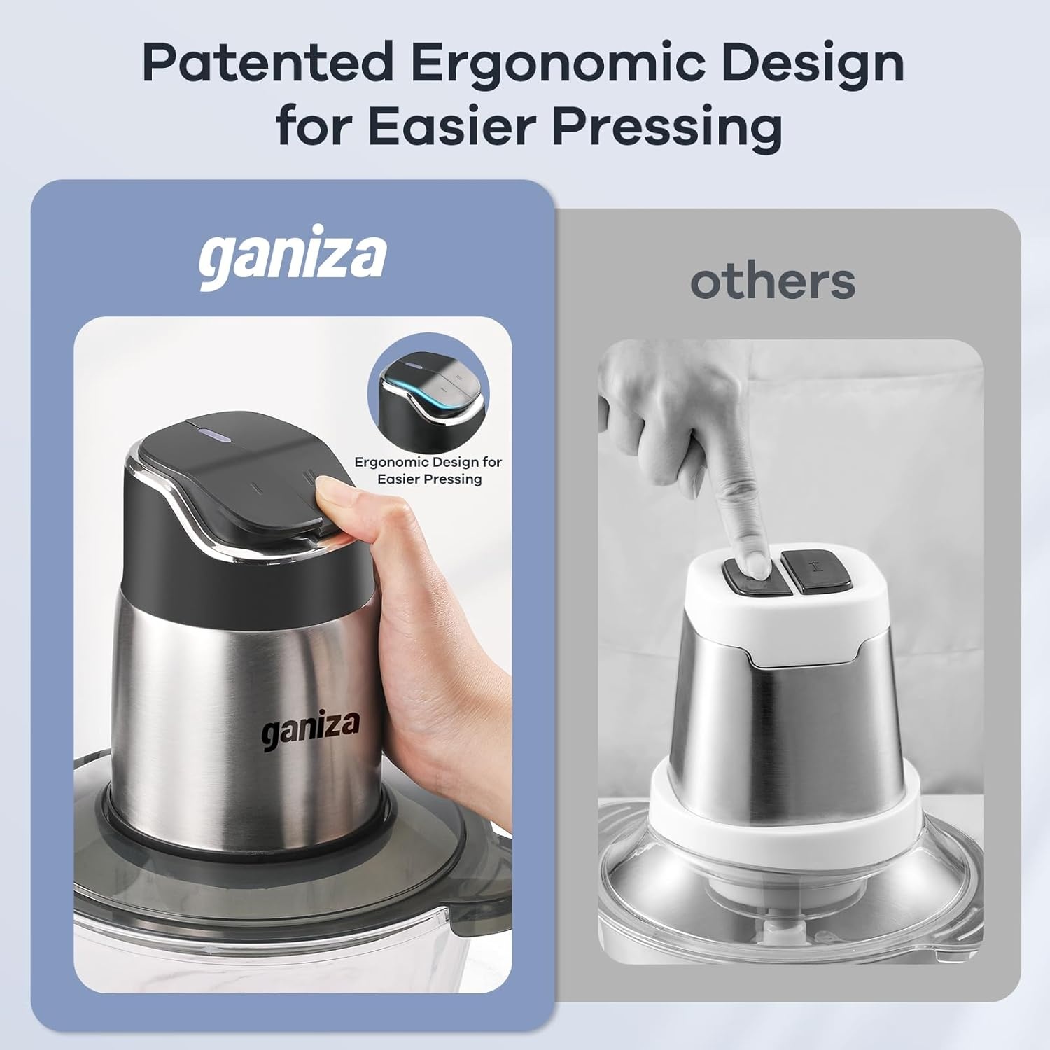 image:imageGaniza Food Processor 2Speed Food Chopper Meat Grinder with 8 Cup Stainless Steel amp 8 Cup Glass Bowls Upgraded Button amp Smart Overheat Protection Light Includes Clean Brush 2 Sets of BladesSilver
