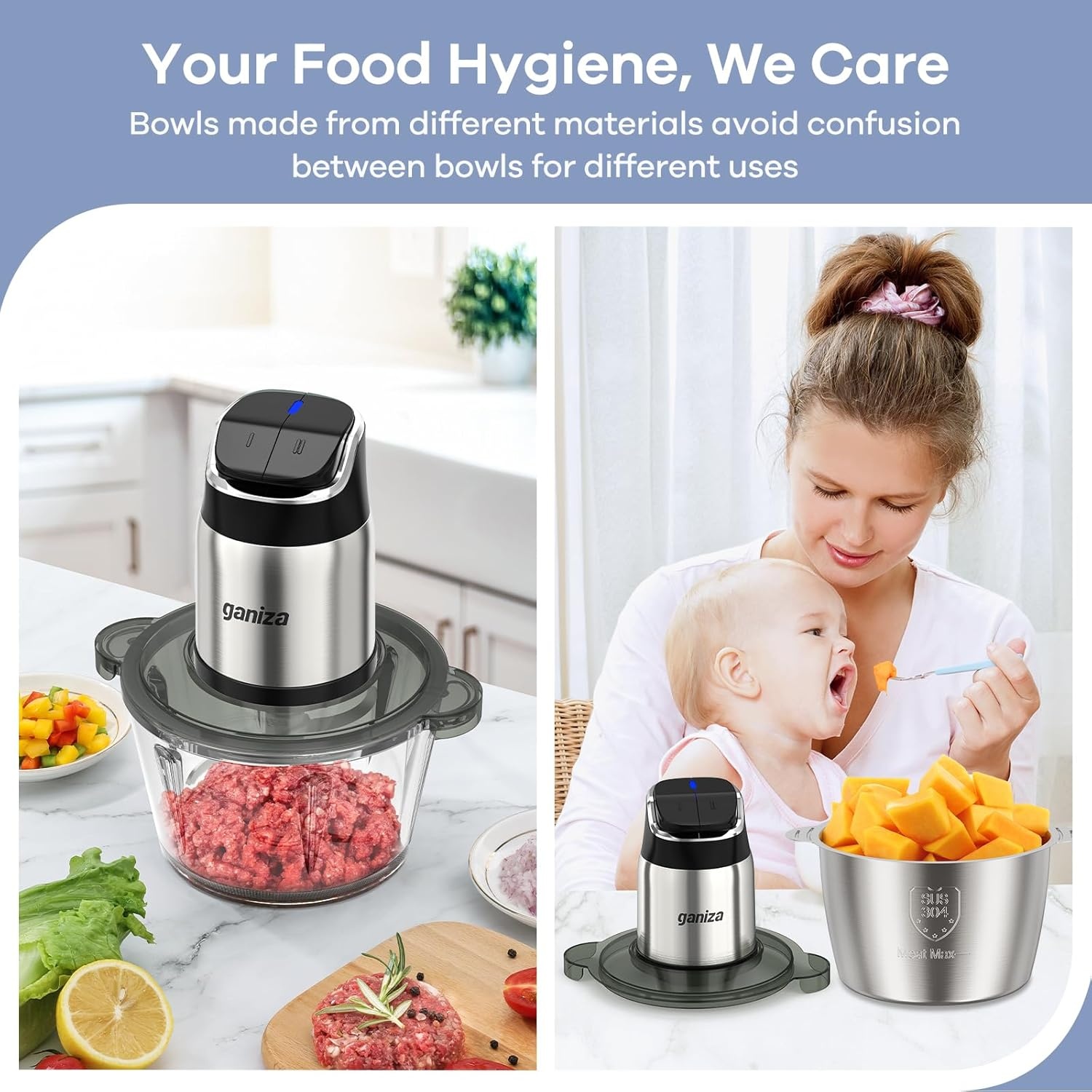 image:imageGaniza Food Processor 2Speed Food Chopper Meat Grinder with 8 Cup Stainless Steel amp 8 Cup Glass Bowls Upgraded Button amp Smart Overheat Protection Light Includes Clean Brush 2 Sets of BladesSilver