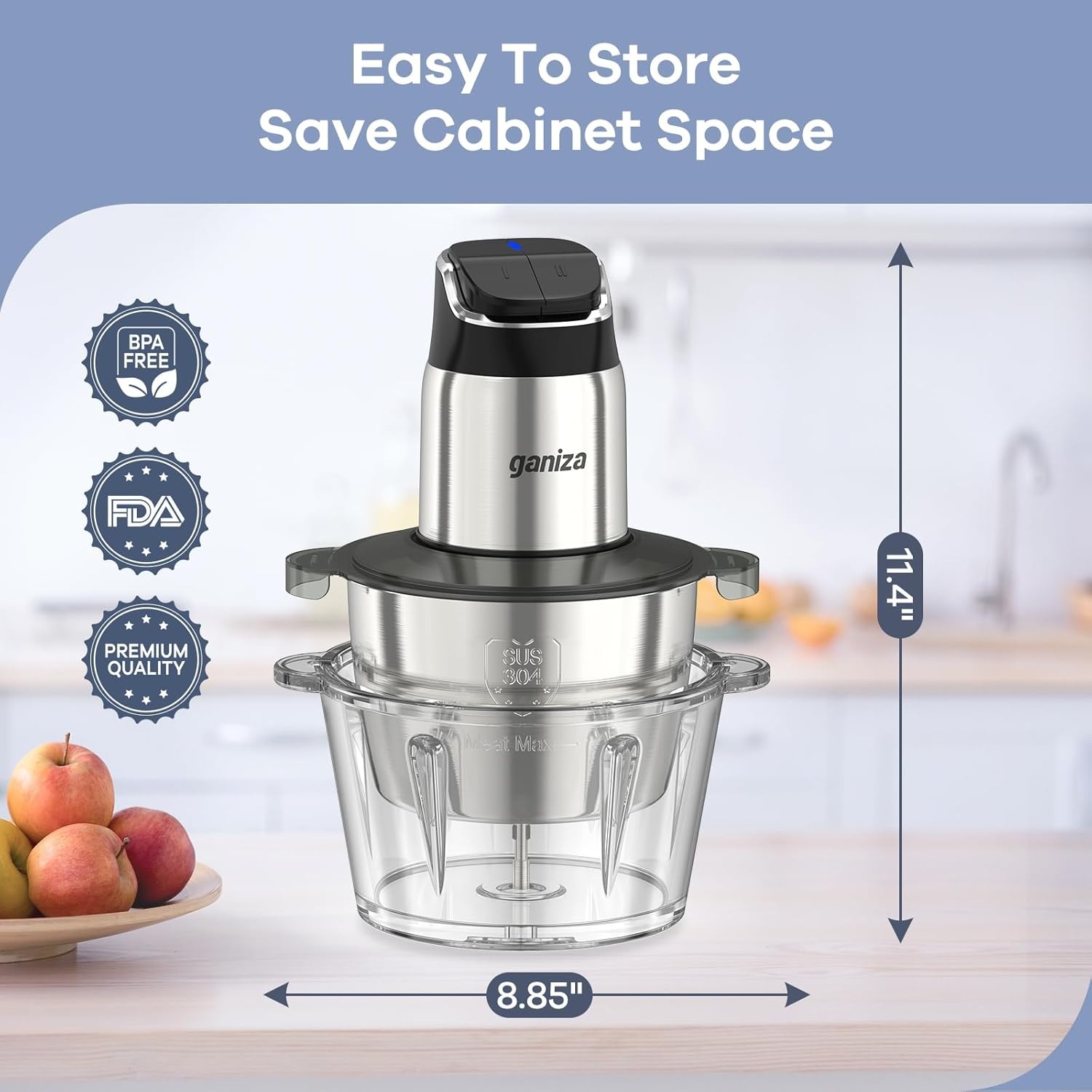 image:imageGaniza Food Processor 2Speed Food Chopper Meat Grinder with 8 Cup Stainless Steel amp 8 Cup Glass Bowls Upgraded Button amp Smart Overheat Protection Light Includes Clean Brush 2 Sets of BladesSilver