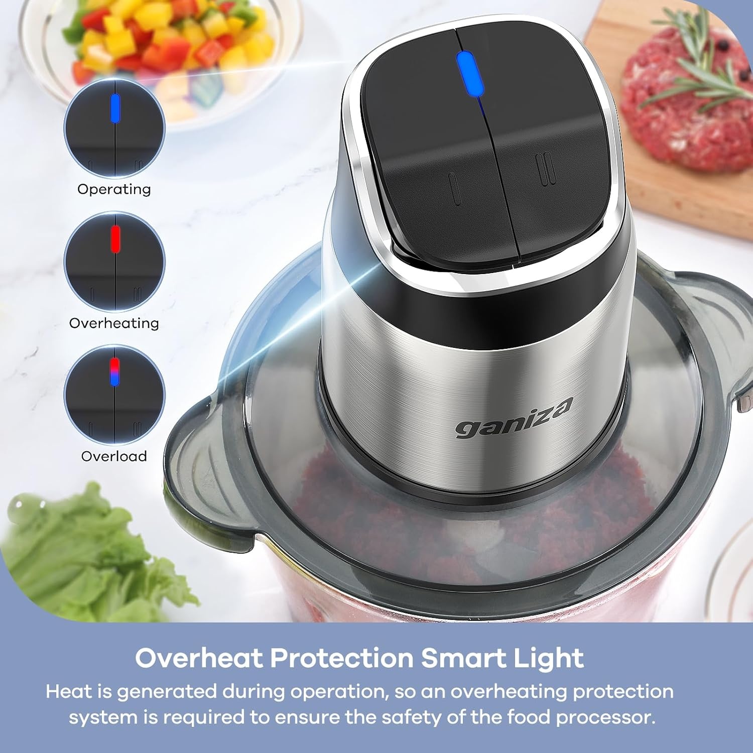 image:imageGaniza Food Processor 2Speed Food Chopper Meat Grinder with 8 Cup Stainless Steel amp 8 Cup Glass Bowls Upgraded Button amp Smart Overheat Protection Light Includes Clean Brush 2 Sets of BladesSilver