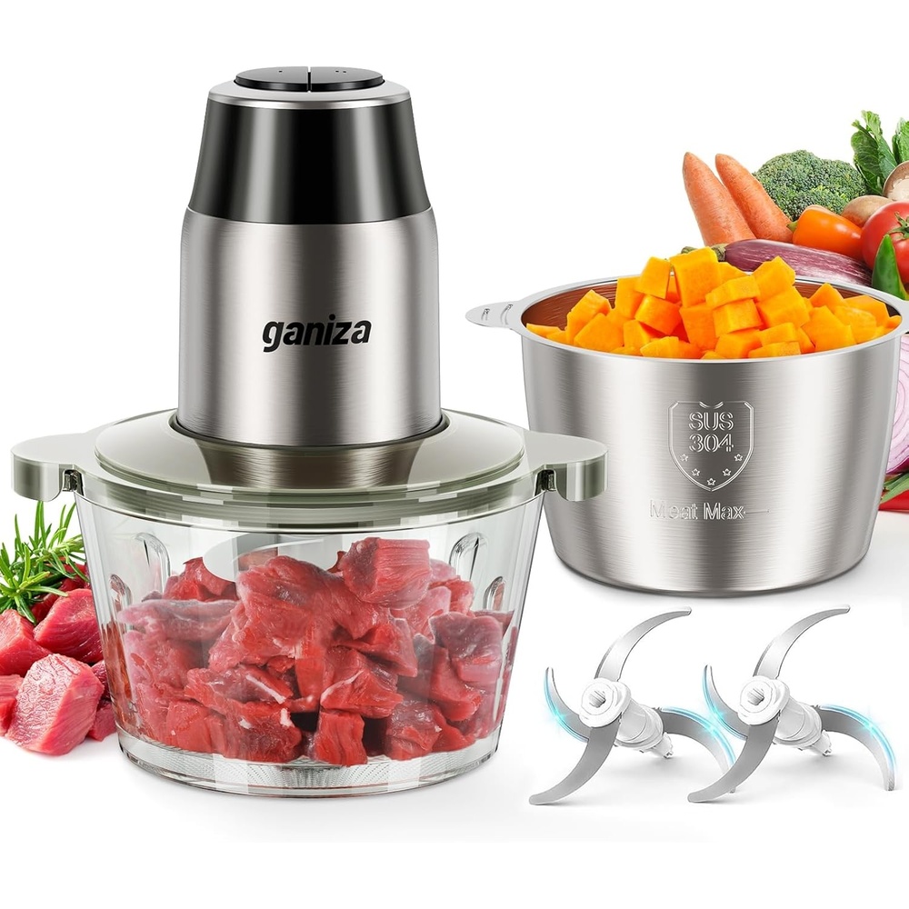 image:imageGANIZA Food Processors Electric Food Chopper with Meat Grinder amp Vegetable Chopper 2 Bowls 8 Cup8 Cup with Powerful 450W Copper Motor Includes 2 Sets of BiLevel Blades for FruitsMeatNutsSilver