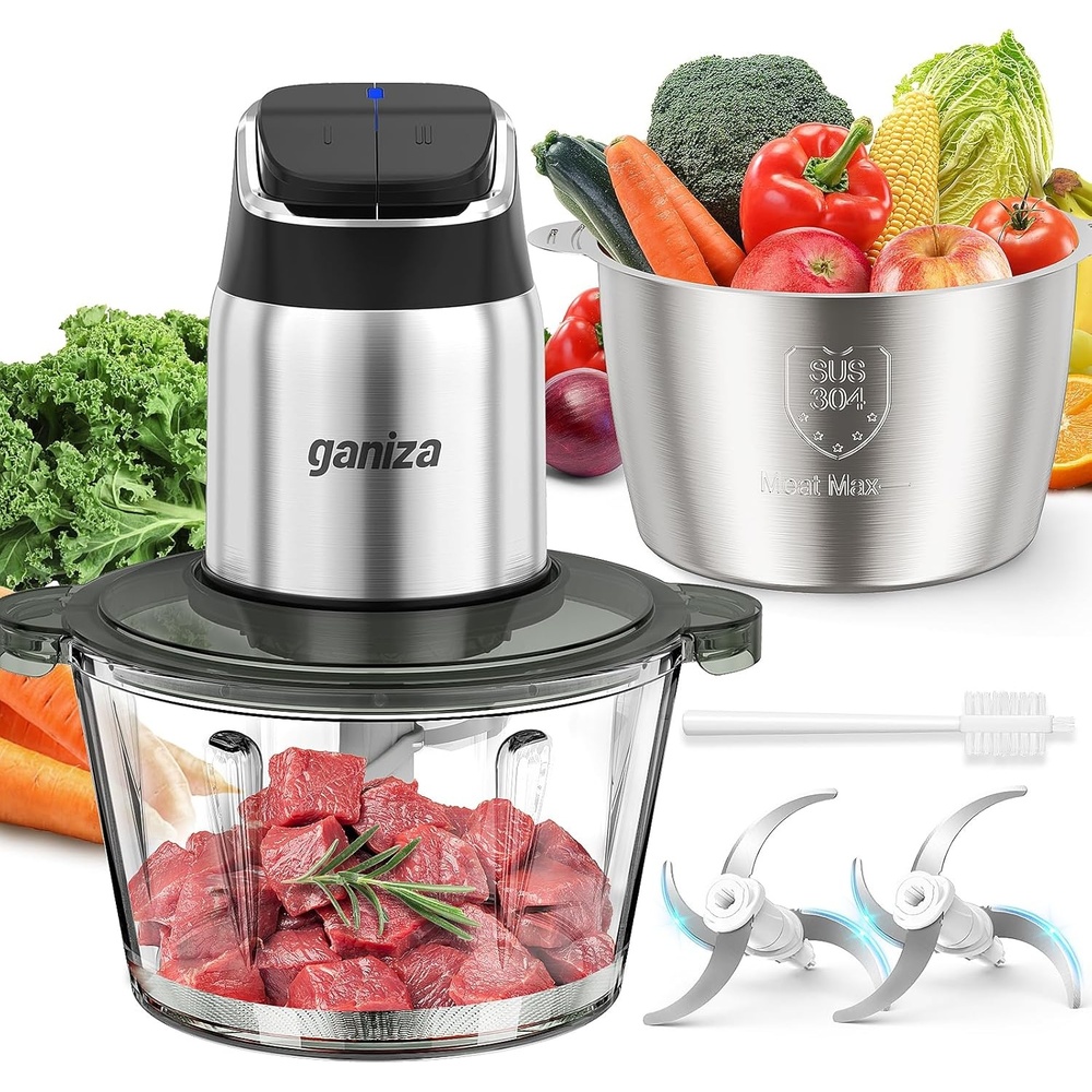 image:imageGaniza Food Processor 2Speed Food Chopper Meat Grinder with 8 Cup Stainless Steel amp 8 Cup Glass Bowls Upgraded Button amp Smart Overheat Protection Light Includes Clean Brush 2 Sets of BladesSilver