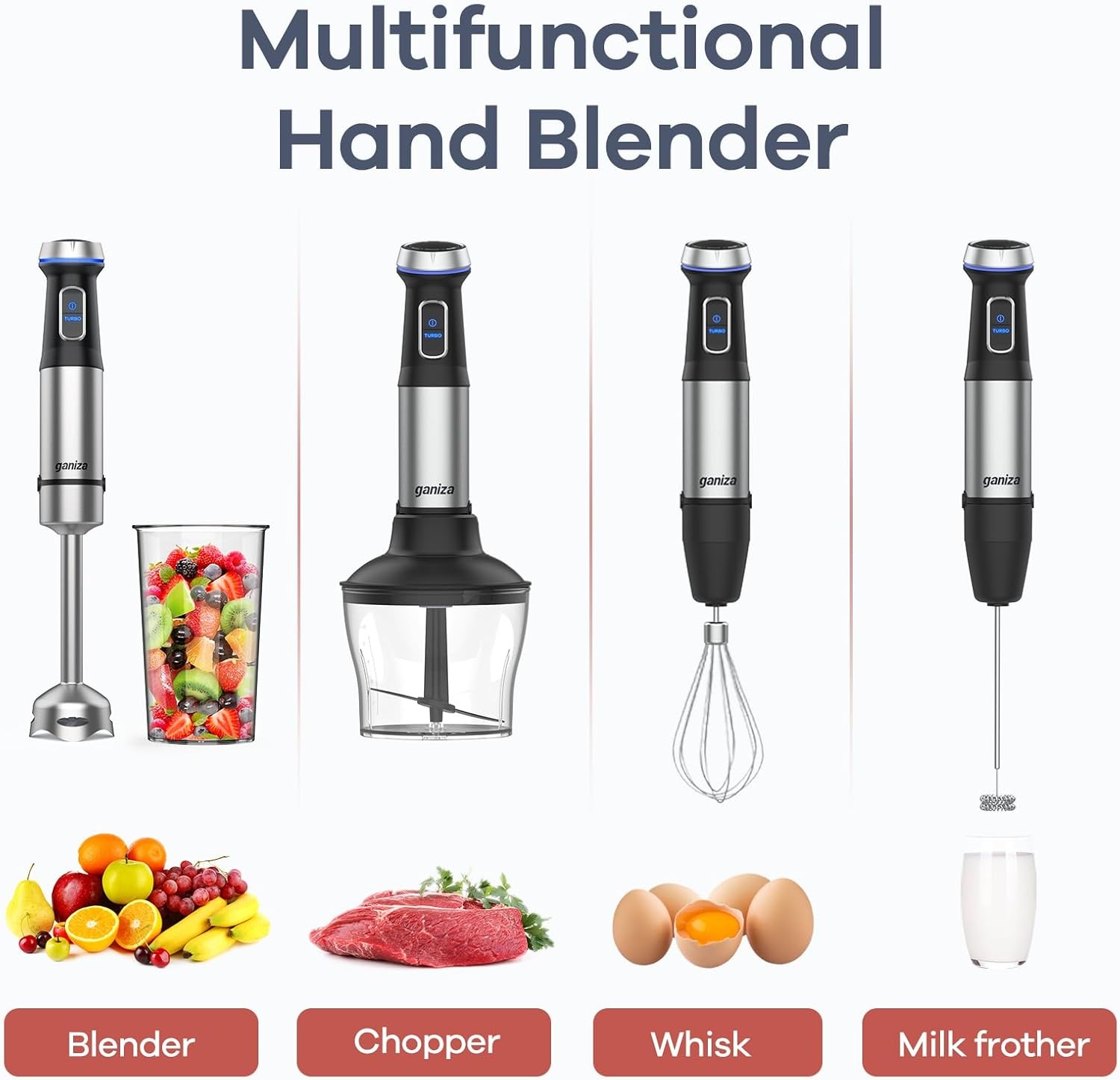 image:imageGaniza Immersion Blender 5 in 1 Hand Blender Max 1000W Heavy Duty Motor 16 Speed Mode Handheld Blender Stainless Steel Blade With 800ml Mixing Beaker 600ml Chopper Whisk and Milk Frother