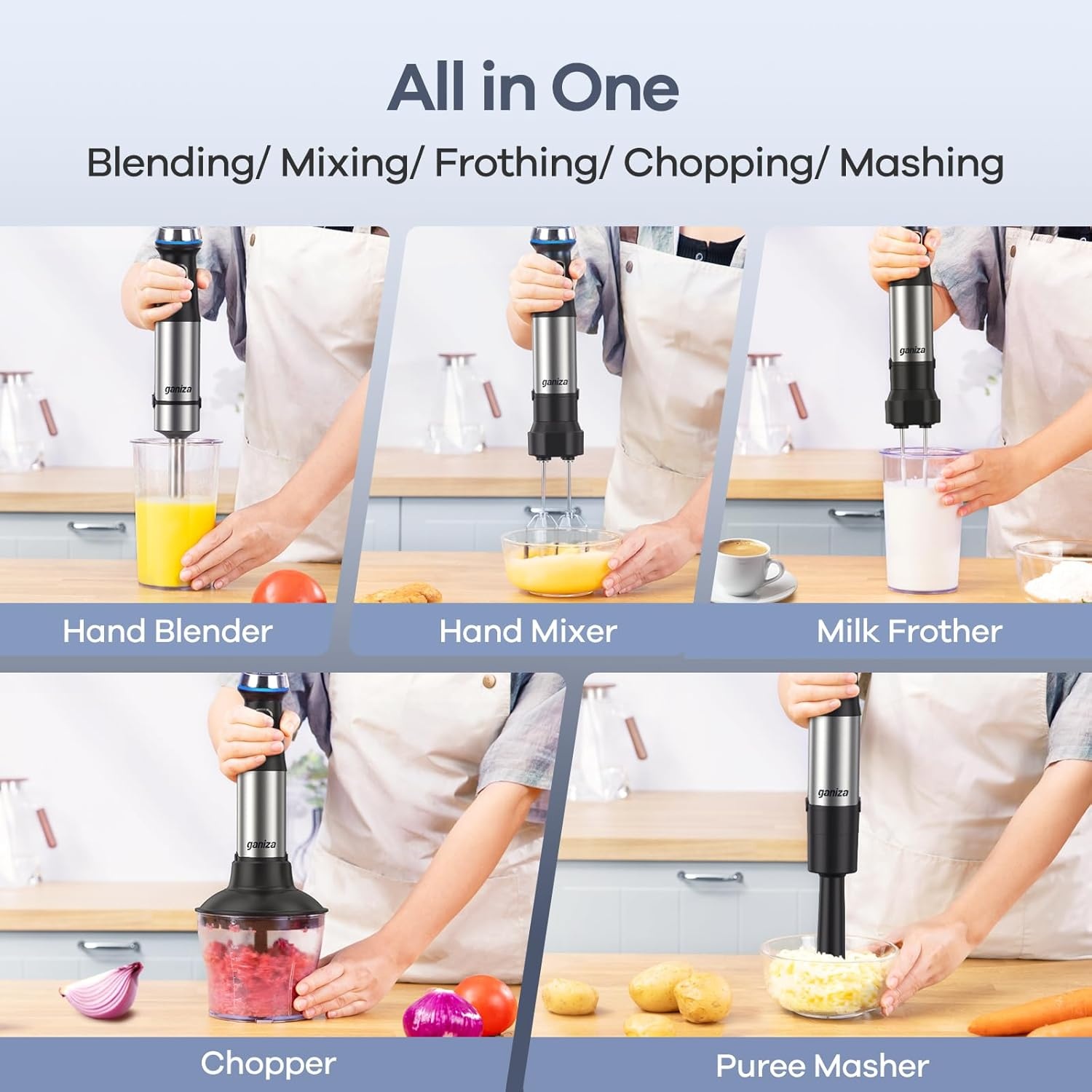 image:imageGaniza Immersion Blender Handheld 6 in 1 Hand Blender Stainless Steel Blade 15 Speed Stick Blenders Electric 800ml Mixing Beaker 600ml Chopper Whisk Frother Potato MasherBlack