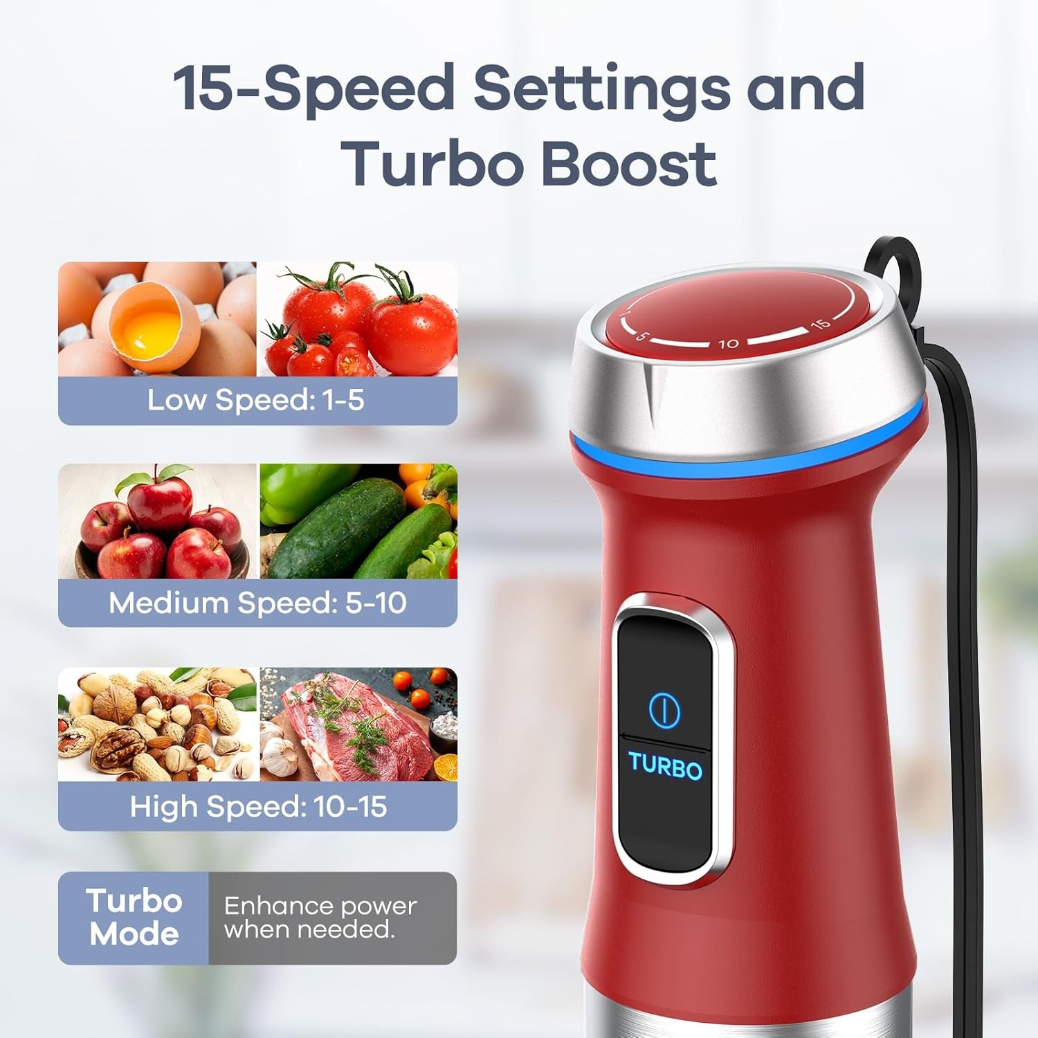 image:imageGaniza Immersion Blender Handheld 6 in 1 Hand Blender Stainless Steel Blade 15 Speed Stick Blenders Electric 800ml Mixing Beaker 600ml Chopper Whisk Frother Potato MasherRed