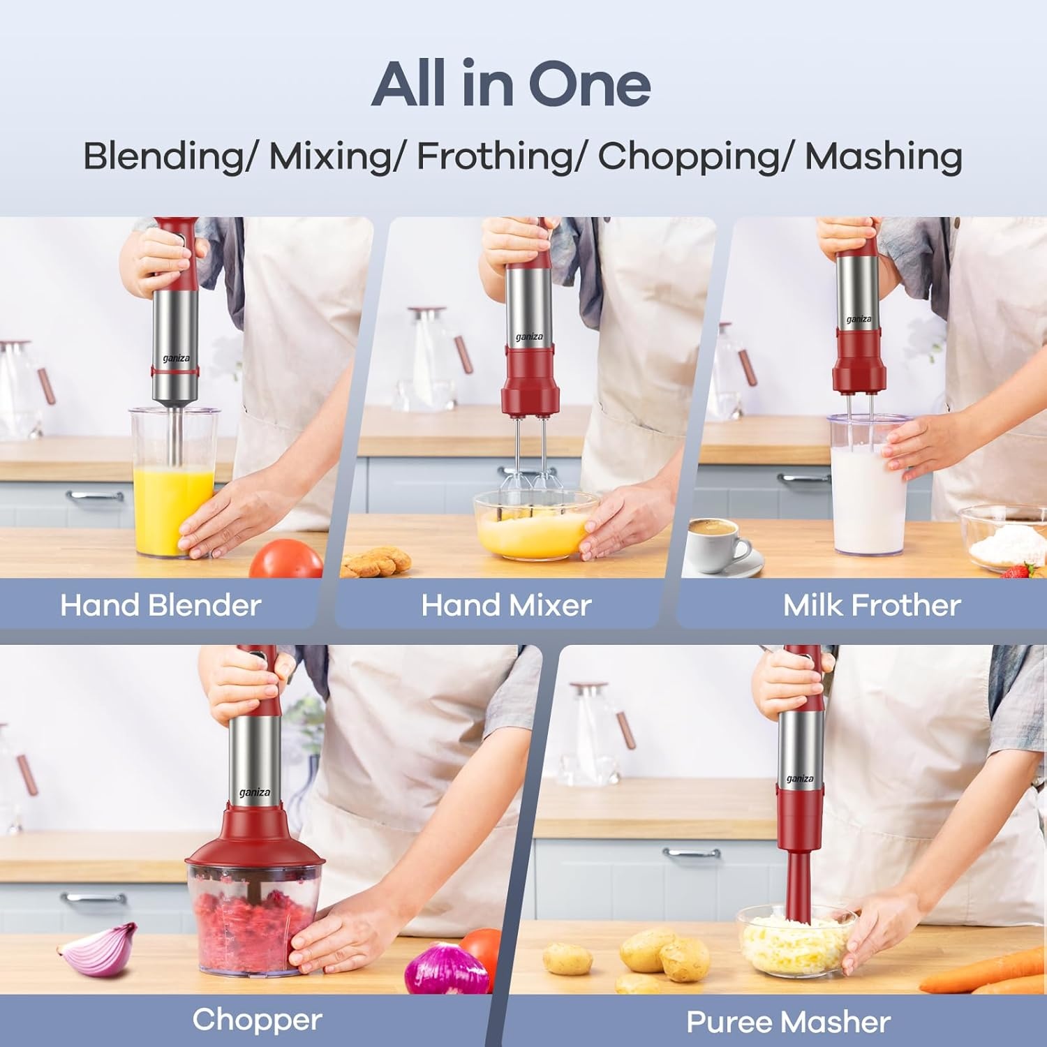 image:imageGaniza Immersion Blender Handheld 6 in 1 Hand Blender Stainless Steel Blade 15 Speed Stick Blenders Electric 800ml Mixing Beaker 600ml Chopper Whisk Frother Potato MasherRed