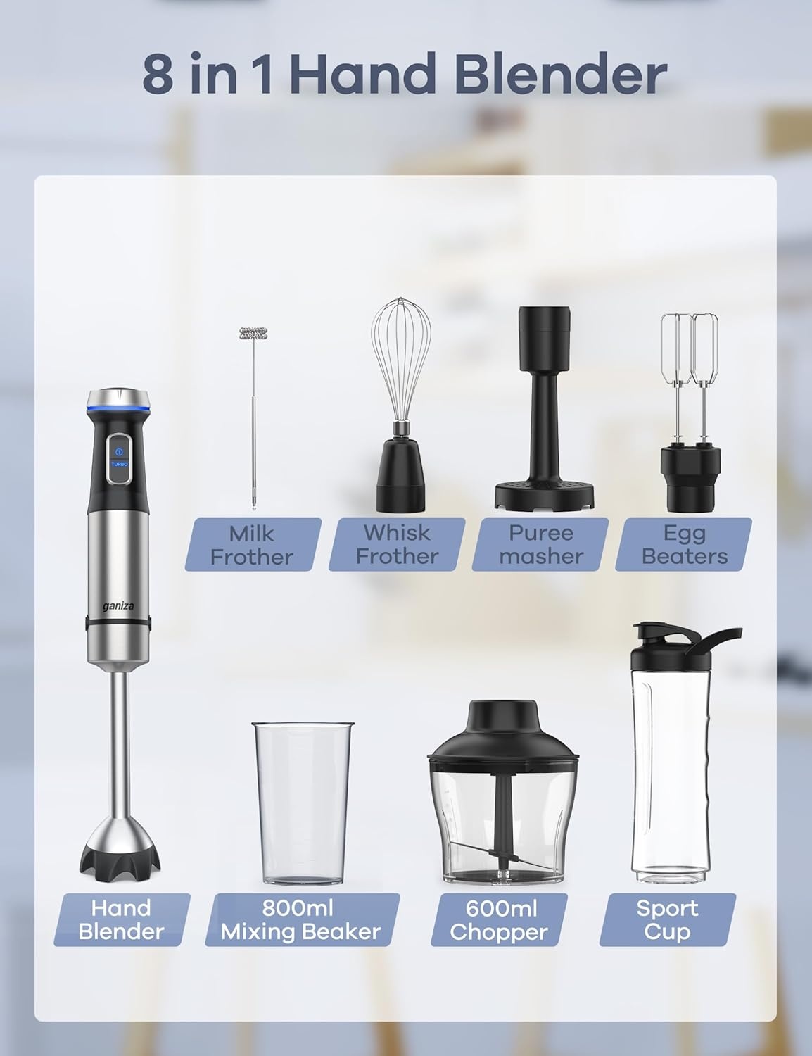 image:imageGaniza Immersion Blender Handheld Corded 8 in 1 Hand Blender Max 1000W 16 Speed Mode Stick Emulsifier with 800ml Mixing Beaker 600ml Chopper Whisk Frother Potato Masher and Portable Bottle