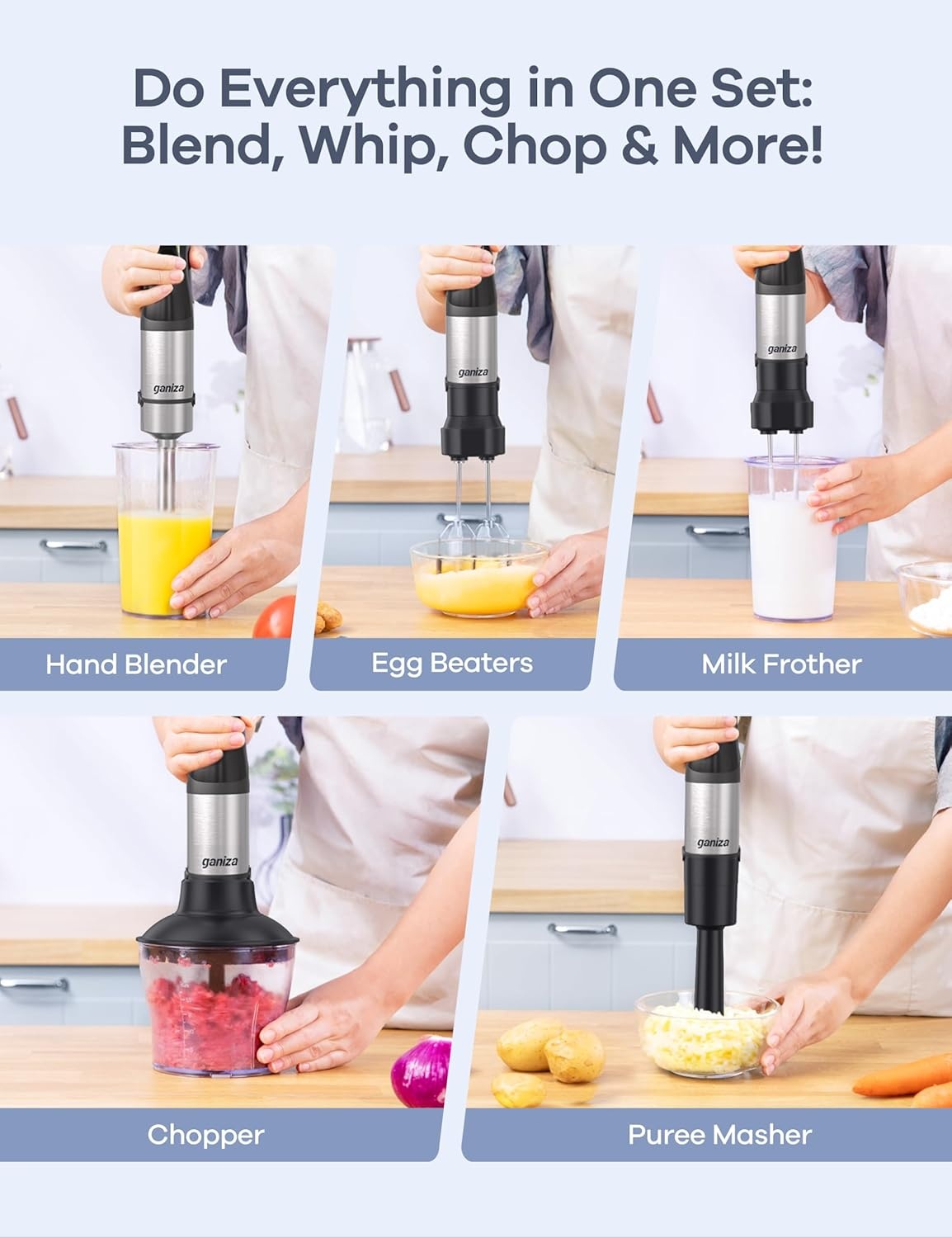 image:imageGaniza Immersion Blender Max 1200W Heavy Duty Hand Blender with Time Display amp Variable Speed Trigger 9in1 Electric Handheld Mixer with Chopper Whisk Frother Beaker Ideal for Soup Puree Smoothies