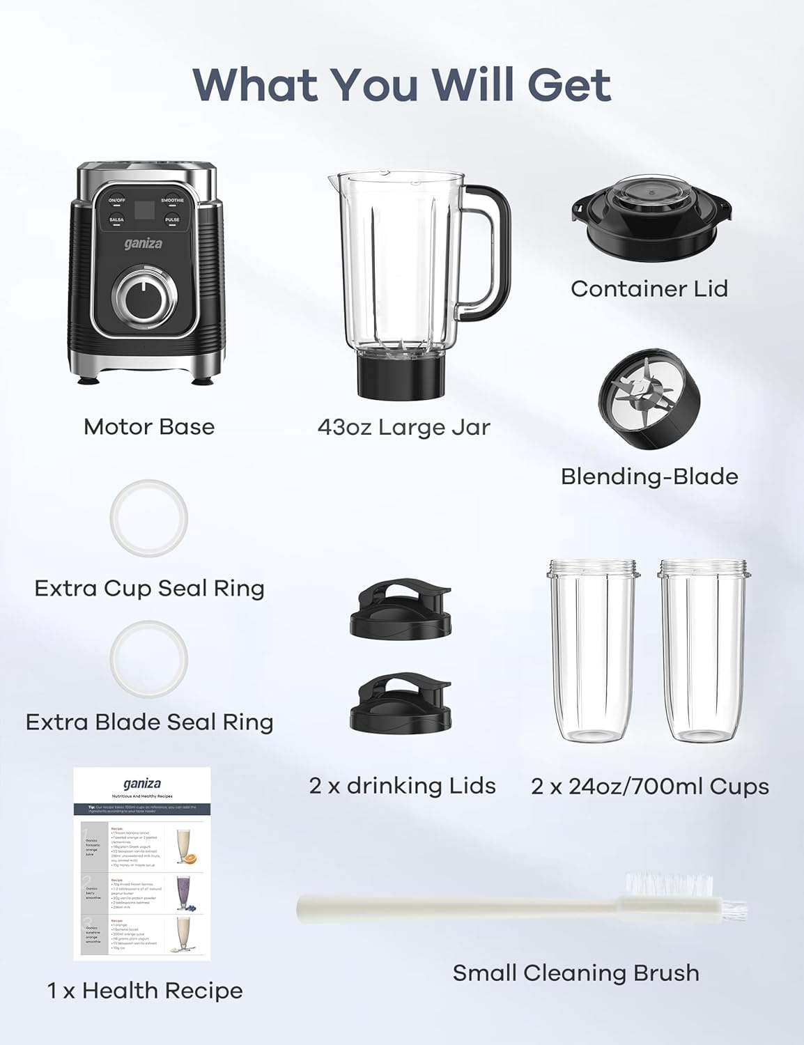 image:imageGaniza Smoothie Blender 12Piece Blenders For Shakes and Smoothies 43Oz Large Blender Jar amp 2 Portable Blenders Cups Personal Maker for Kitchen with Autosmart Tech amp Speed Control