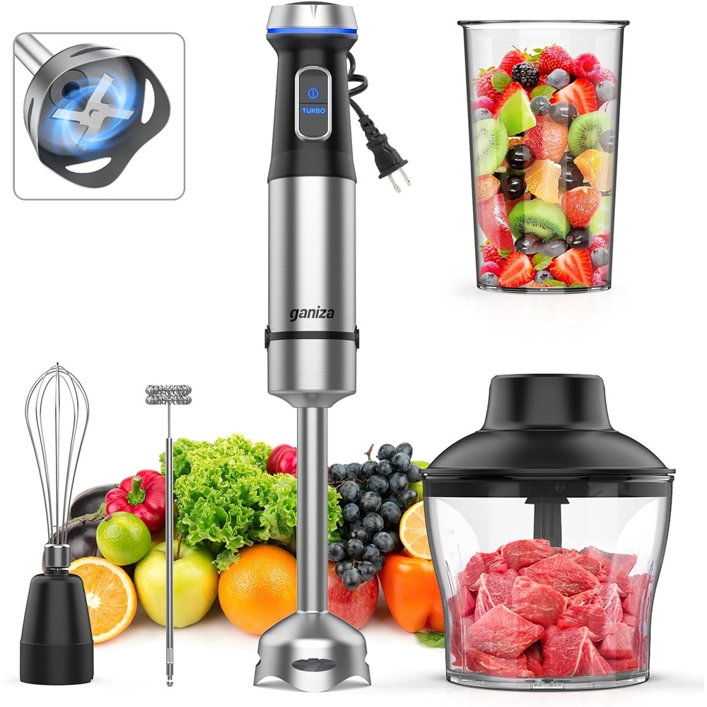 image:imageGaniza Immersion Blender 5 in 1 Hand Blender Max 1000W Heavy Duty Motor 16 Speed Mode Handheld Blender Stainless Steel Blade With 800ml Mixing Beaker 600ml Chopper Whisk and Milk Frother