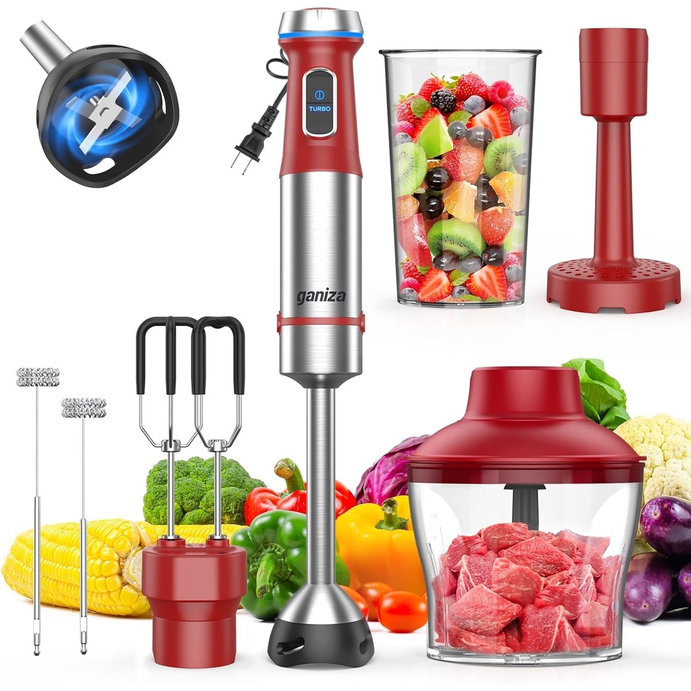 image:imageGaniza Immersion Blender Handheld 6 in 1 Hand Blender Stainless Steel Blade 15 Speed Stick Blenders Electric 800ml Mixing Beaker 600ml Chopper Whisk Frother Potato MasherRed
