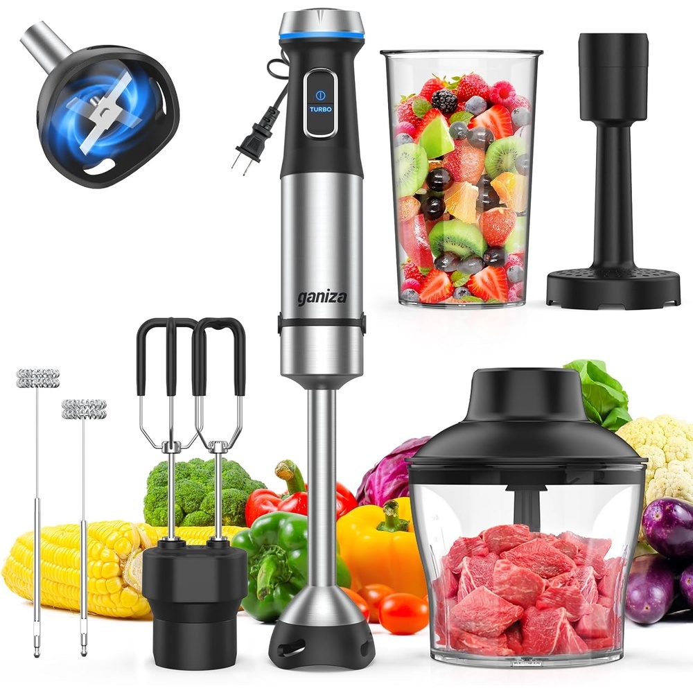 image:imageGaniza Immersion Blender Handheld 6 in 1 Hand Blender Stainless Steel Blade 15 Speed Stick Blenders Electric 800ml Mixing Beaker 600ml Chopper Whisk Frother Potato MasherBlack
