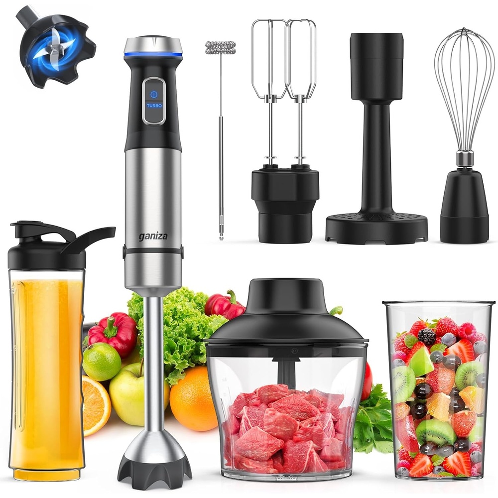 image:imageGaniza Immersion Blender Handheld Corded 8 in 1 Hand Blender Max 1000W 16 Speed Mode Stick Emulsifier with 800ml Mixing Beaker 600ml Chopper Whisk Frother Potato Masher and Portable Bottle
